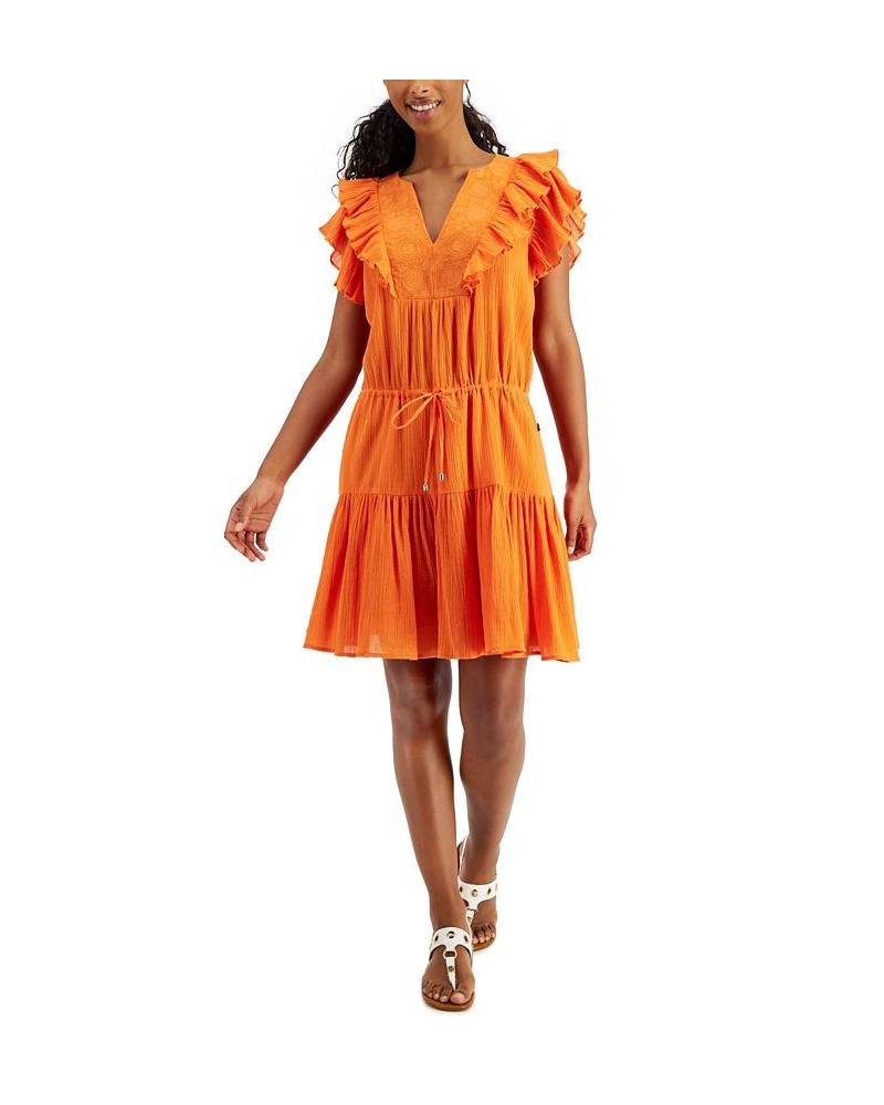 Women's Cotton Embroidered Tiered Dress Orange $23.23 Dresses