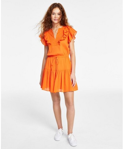 Women's Cotton Embroidered Tiered Dress Orange $23.23 Dresses