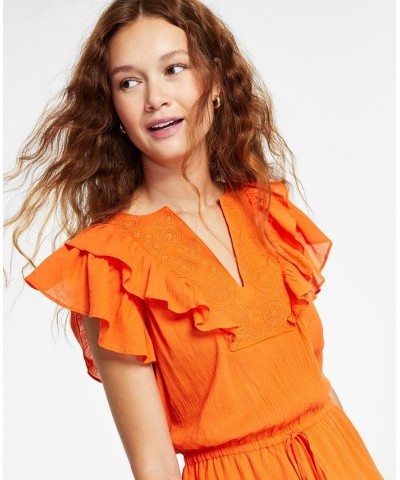 Women's Cotton Embroidered Tiered Dress Orange $23.23 Dresses