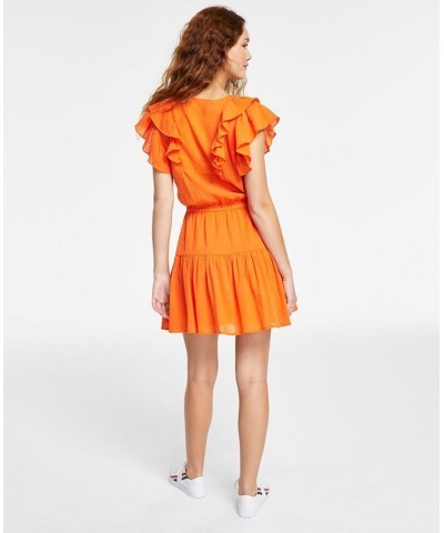 Women's Cotton Embroidered Tiered Dress Orange $23.23 Dresses