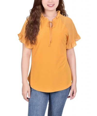 Petite Chiffon Short Ruffled Sleeve Crepe Knit Top Golden-Tone Glow $13.95 Tops