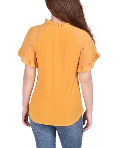 Petite Chiffon Short Ruffled Sleeve Crepe Knit Top Golden-Tone Glow $13.95 Tops