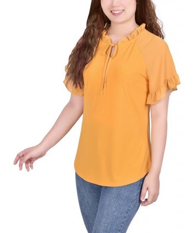 Petite Chiffon Short Ruffled Sleeve Crepe Knit Top Golden-Tone Glow $13.95 Tops