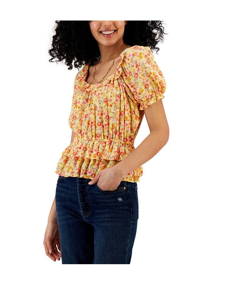 Juniors' Short-Sleeve Ruffle-Hem Peplum Top Yellow/coral $21.20 Tops