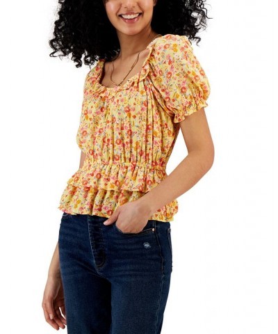 Juniors' Short-Sleeve Ruffle-Hem Peplum Top Yellow/coral $21.20 Tops