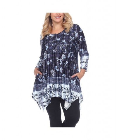 Women's Plus Size Victorian Print Tunic Top with Pockets Blue $32.24 Tops