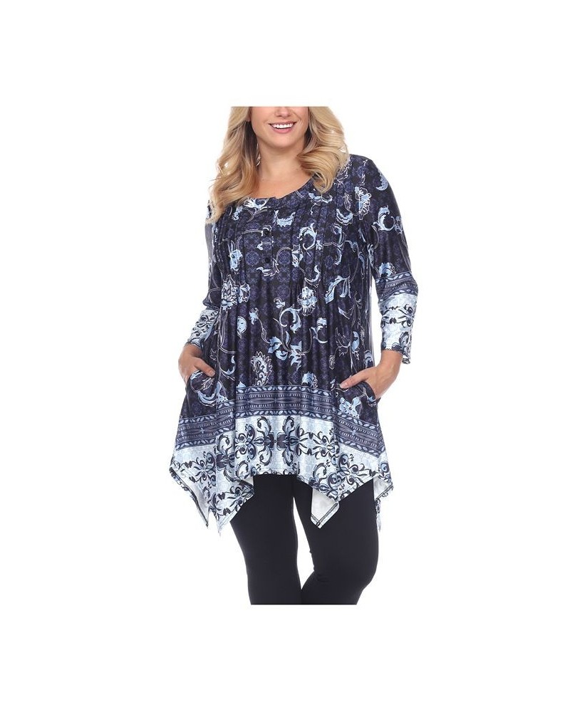 Women's Plus Size Victorian Print Tunic Top with Pockets Blue $32.24 Tops