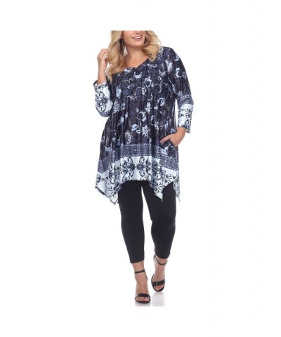 Women's Plus Size Victorian Print Tunic Top with Pockets Blue $32.24 Tops