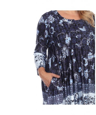 Women's Plus Size Victorian Print Tunic Top with Pockets Blue $32.24 Tops