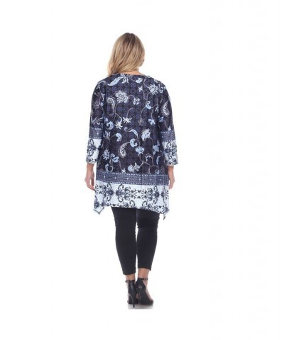 Women's Plus Size Victorian Print Tunic Top with Pockets Blue $32.24 Tops