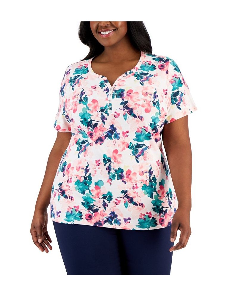 Plus Size Printed Henley Top Pink $8.15 Tops