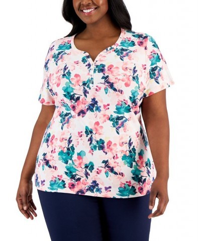 Plus Size Printed Henley Top Pink $8.15 Tops