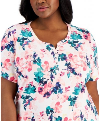 Plus Size Printed Henley Top Pink $8.15 Tops