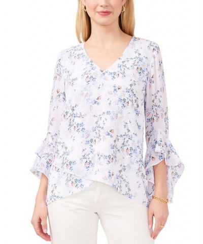 Women's Floral-Print 3/4-Sleeve V-Neck Blouse Ultra White $52.47 Tops