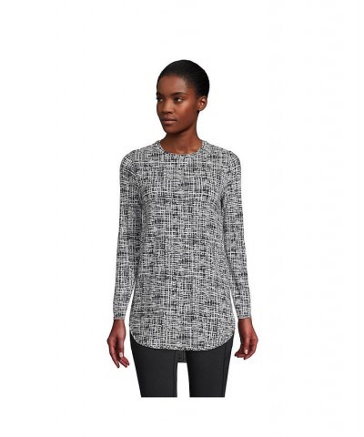 Women's Petite Moisture Wicking UPF Sun Long Sleeve Curved Hem Tunic Top Black etched print $32.10 Tops