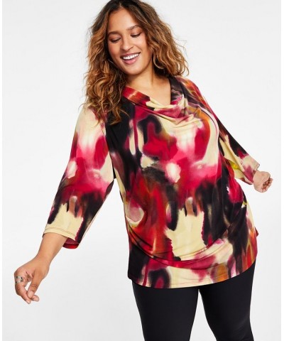 Plus Size Printed Cowlneck Blouse Cranberry Multi Combo $31.16 Tops