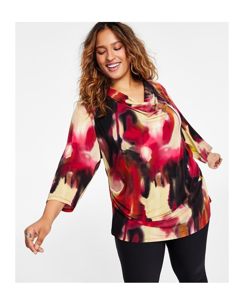 Plus Size Printed Cowlneck Blouse Cranberry Multi Combo $31.16 Tops