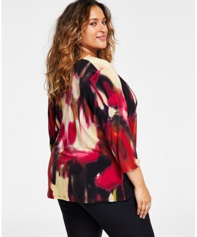 Plus Size Printed Cowlneck Blouse Cranberry Multi Combo $31.16 Tops