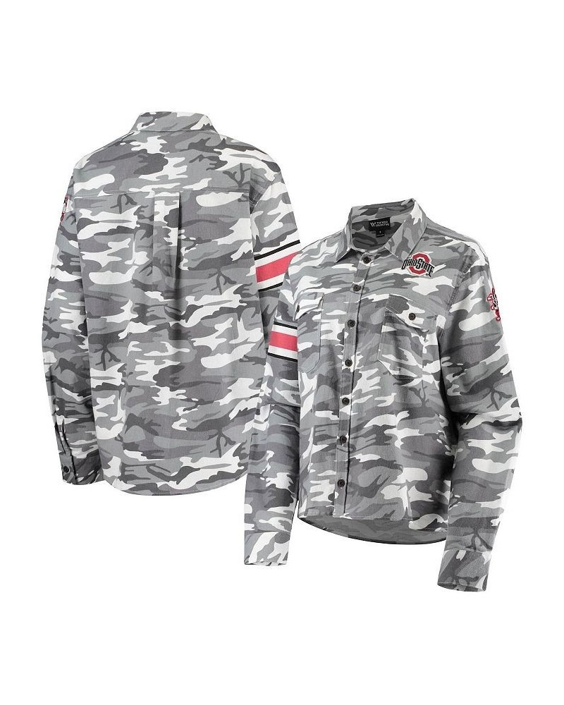 Women's Gray Ohio State Buckeyes Camo Flannel Button-Up Long Sleeve Shirt Gray $34.44 Tops