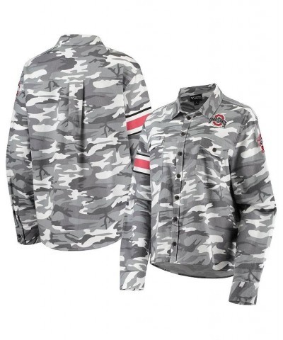 Women's Gray Ohio State Buckeyes Camo Flannel Button-Up Long Sleeve Shirt Gray $34.44 Tops