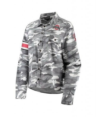 Women's Gray Ohio State Buckeyes Camo Flannel Button-Up Long Sleeve Shirt Gray $34.44 Tops