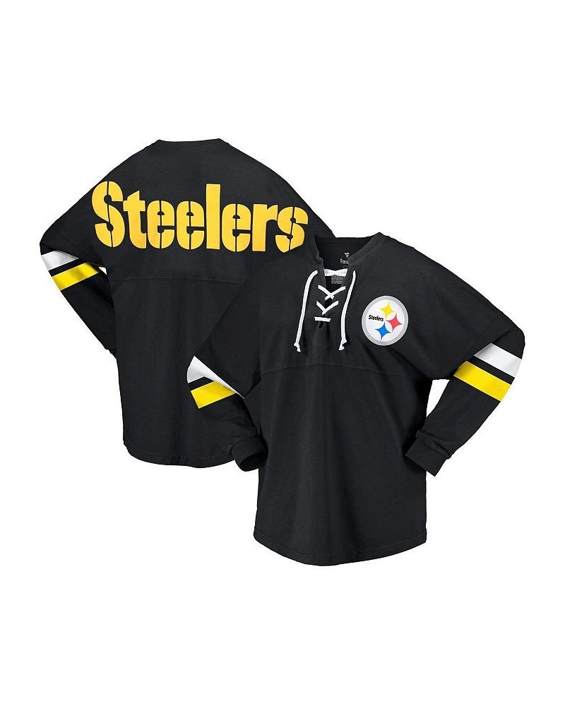 Women's Branded Black Pittsburgh Steelers Spirit Jersey Lace-Up V-Neck Long Sleeve T-shirt Black $45.60 Tops