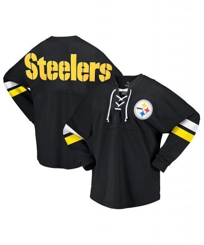 Women's Branded Black Pittsburgh Steelers Spirit Jersey Lace-Up V-Neck Long Sleeve T-shirt Black $45.60 Tops