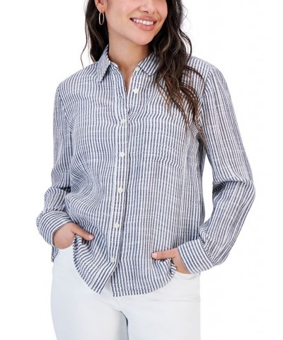 Petite Cotton Double-Gauze Striped Perfect Shirt Feeder Industrial Blue $20.50 Tops