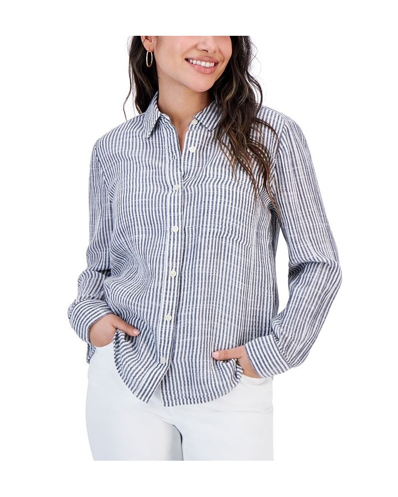 Petite Cotton Double-Gauze Striped Perfect Shirt Feeder Industrial Blue $20.50 Tops