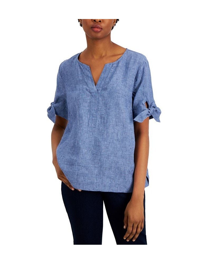 Women's Linen Split-Neck Tie-Cuff Top Intrepid Blue $16.30 Tops