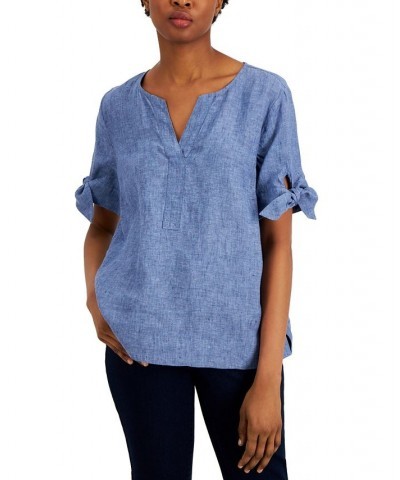 Women's Linen Split-Neck Tie-Cuff Top Intrepid Blue $16.30 Tops