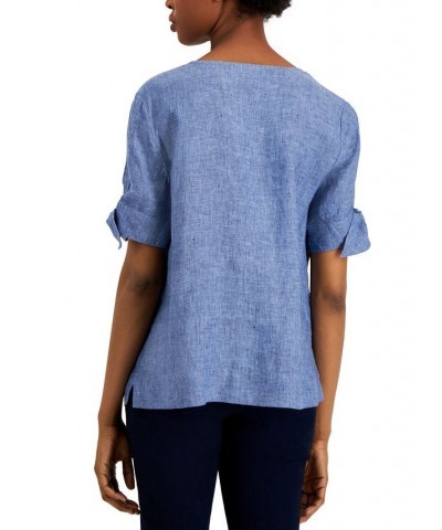 Women's Linen Split-Neck Tie-Cuff Top Intrepid Blue $16.30 Tops