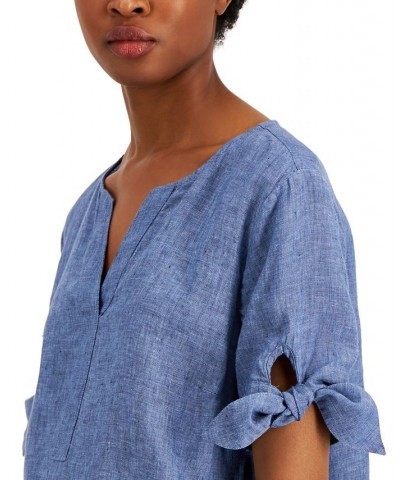 Women's Linen Split-Neck Tie-Cuff Top Intrepid Blue $16.30 Tops