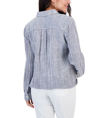 Petite Cotton Double-Gauze Striped Perfect Shirt Feeder Industrial Blue $20.50 Tops