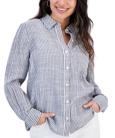 Petite Cotton Double-Gauze Striped Perfect Shirt Feeder Industrial Blue $20.50 Tops