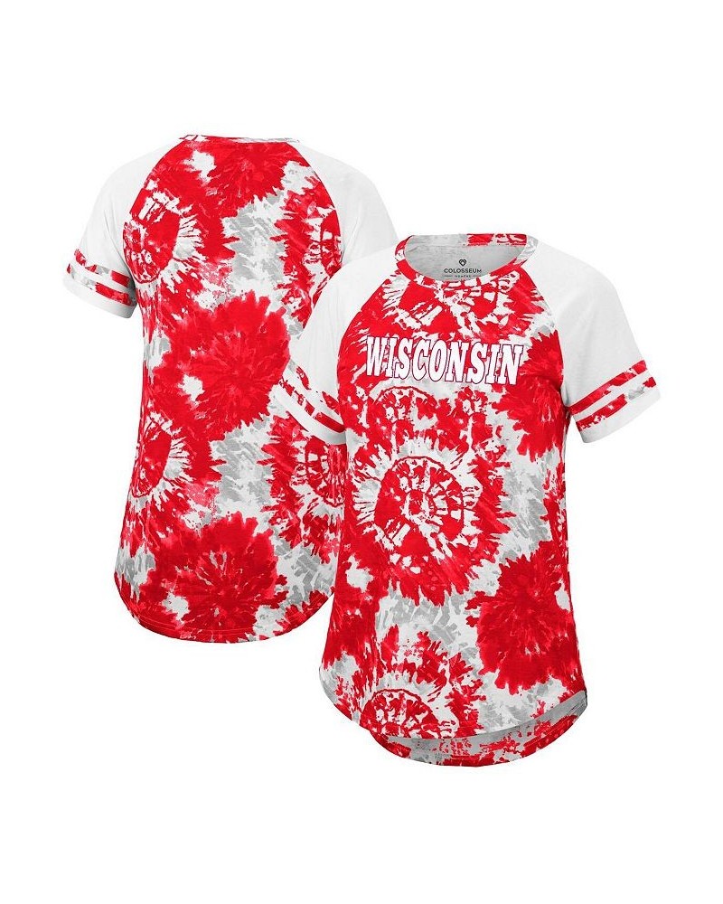 Women's Red White Wisconsin Badgers Annie Oversized Tie-Dye Raglan T-shirt Red, White $18.40 Tops