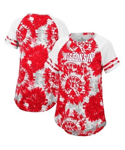 Women's Red White Wisconsin Badgers Annie Oversized Tie-Dye Raglan T-shirt Red, White $18.40 Tops