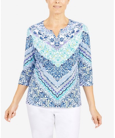 Women's Classics Split Neck Chevron Scroll 3/4 Sleeve Top Navy $25.80 Tops