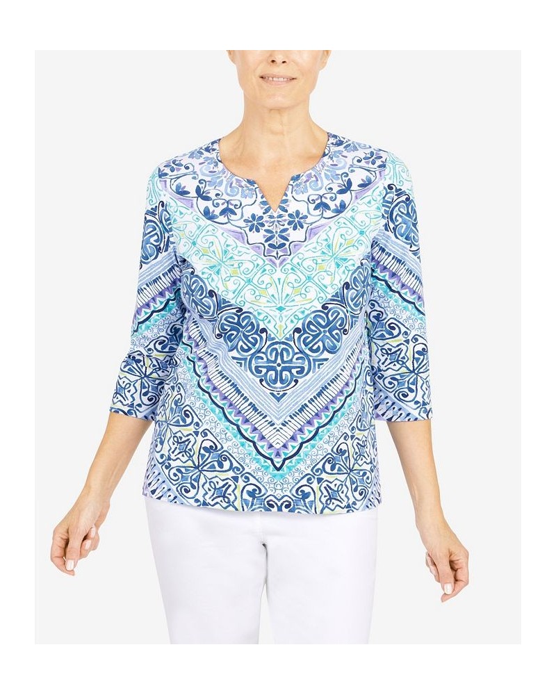 Women's Classics Split Neck Chevron Scroll 3/4 Sleeve Top Navy $25.80 Tops