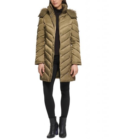 Women's Faux-Fur-Trim Hooded Puffer Coat Olive $78.40 Coats