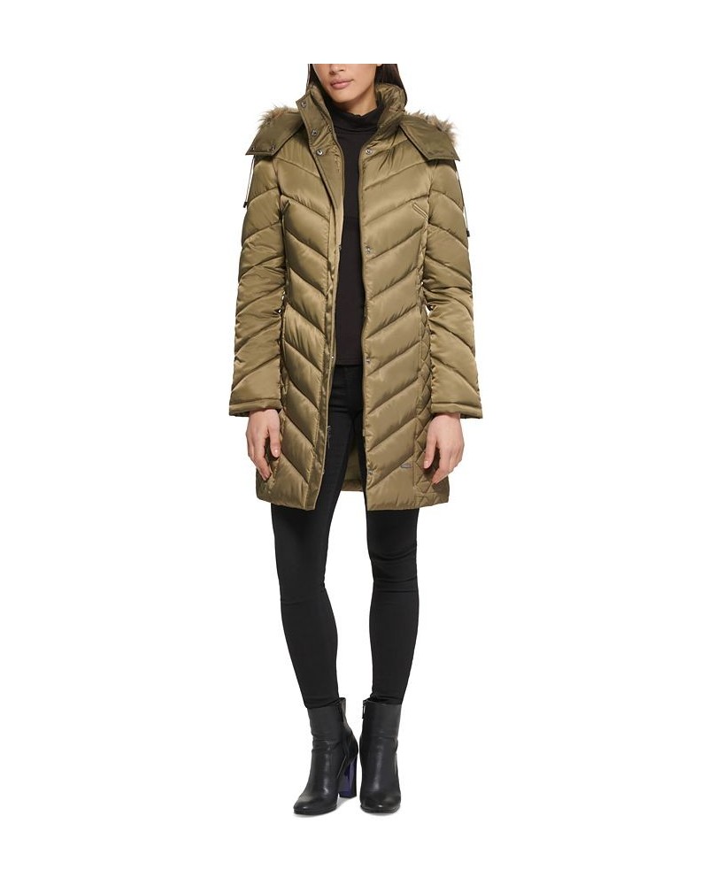 Women's Faux-Fur-Trim Hooded Puffer Coat Olive $78.40 Coats