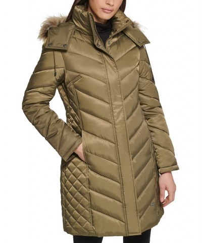 Women's Faux-Fur-Trim Hooded Puffer Coat Olive $78.40 Coats