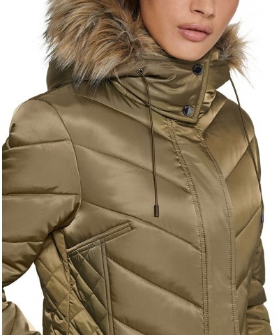 Women's Faux-Fur-Trim Hooded Puffer Coat Olive $78.40 Coats