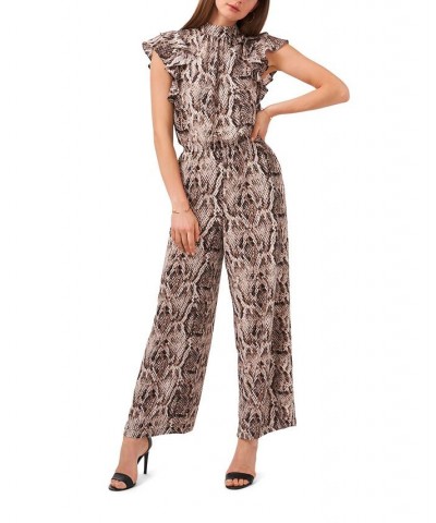 Women's Flutter Sleeve Printed Mock Neck Jumpsuit Birch Multi $42.51 Pants