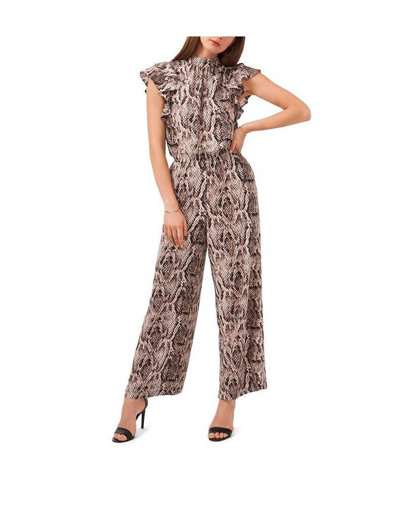 Women's Flutter Sleeve Printed Mock Neck Jumpsuit Birch Multi $42.51 Pants