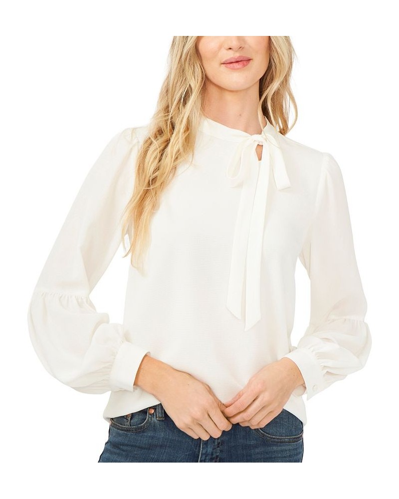 Women's Solid Long Sleeve Tie-Neck Puff-Sleeve Blouse White $36.49 Tops