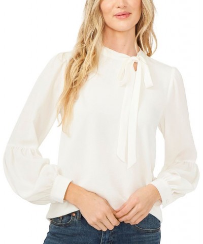 Women's Solid Long Sleeve Tie-Neck Puff-Sleeve Blouse White $36.49 Tops