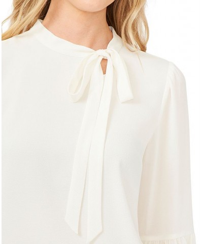 Women's Solid Long Sleeve Tie-Neck Puff-Sleeve Blouse White $36.49 Tops