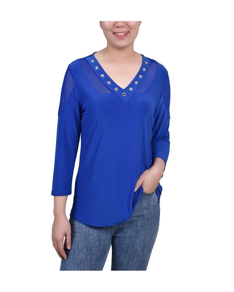 Petite Long Sleeve Top with Mesh Insets Blue $12.60 Tops