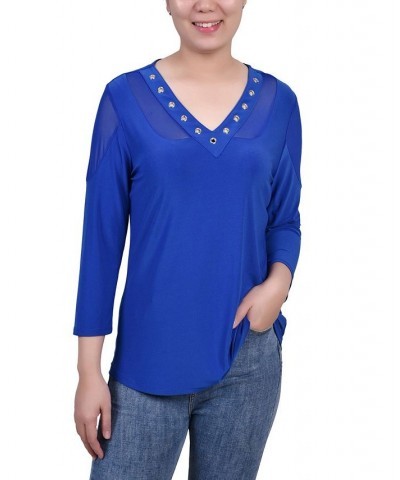 Petite Long Sleeve Top with Mesh Insets Blue $12.60 Tops